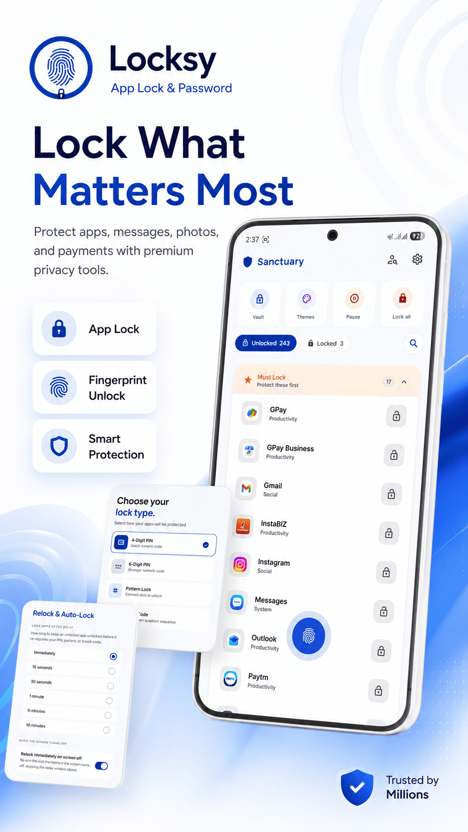 Locksy main screen showing app lock list with installed apps and a quick-add panel.