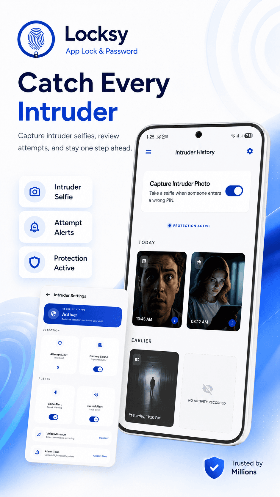 Intruder history screen with captured selfies of failed unlock attempts.