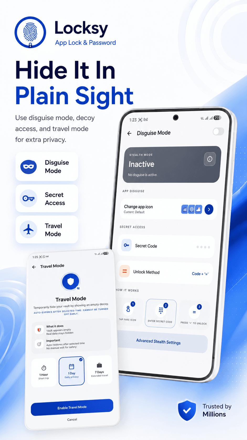Disguise mode and travel mode settings for stealth protection.