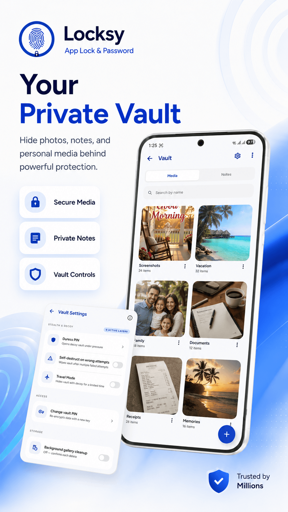 Vault gallery with photos, notes, and personal media tiles.