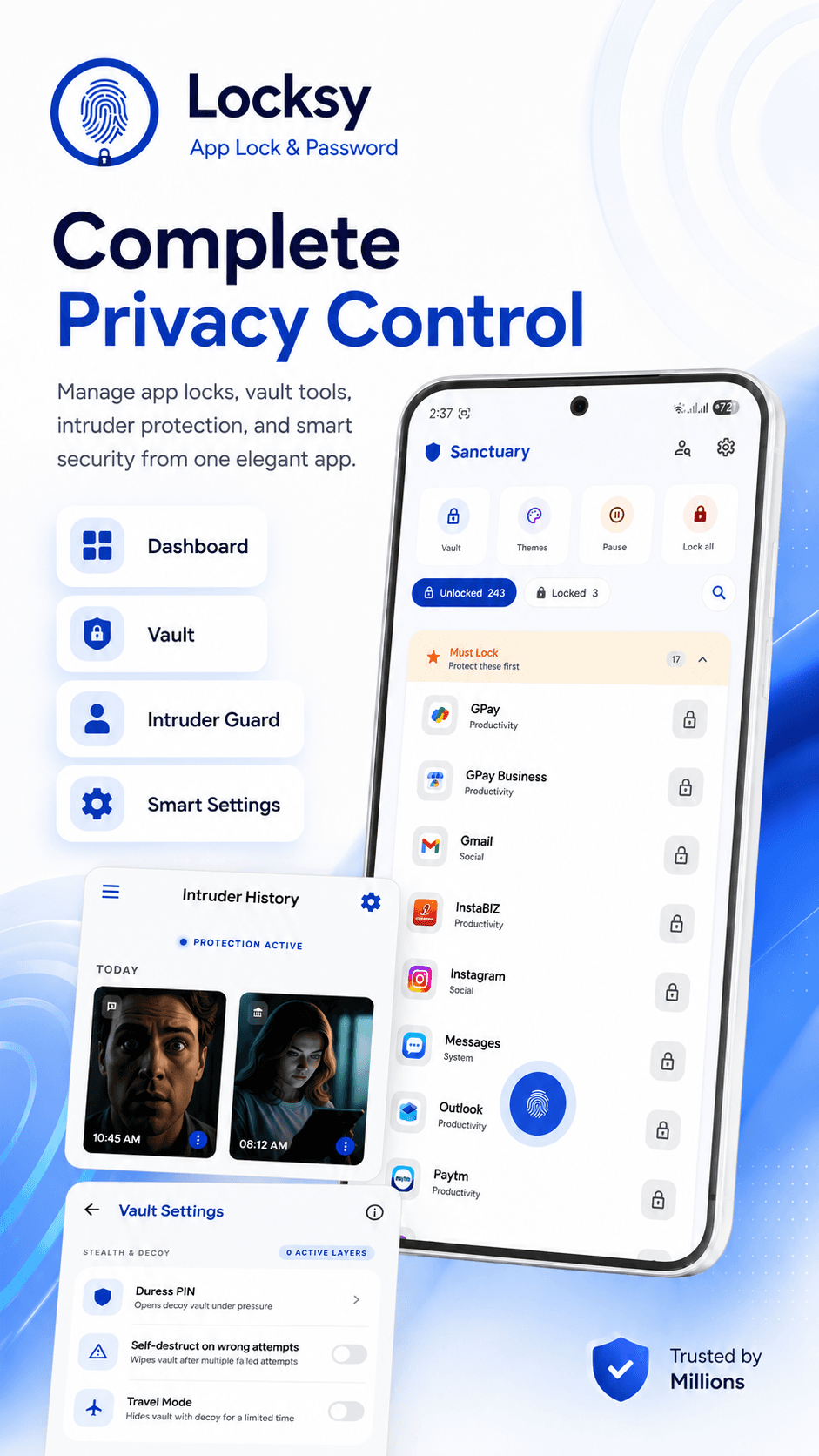 Dashboard view combining app locks, vault, intruder, and smart settings.