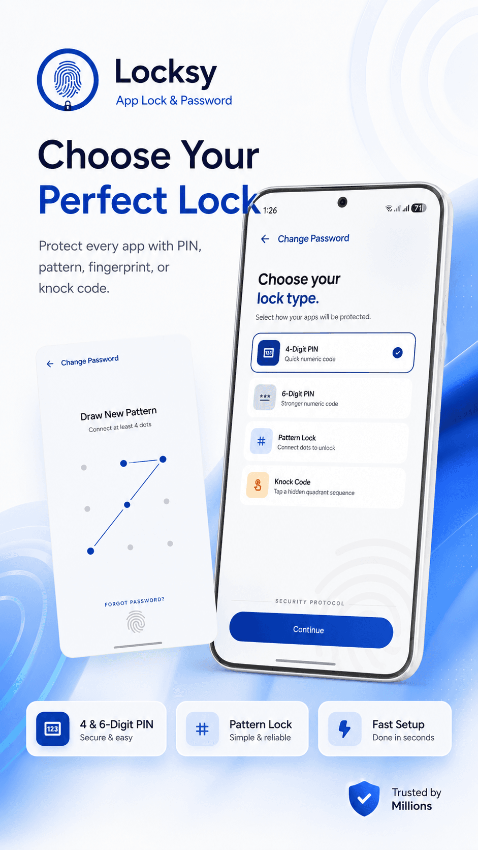 Lock type picker for choosing PIN, pattern, fingerprint, or knock code.