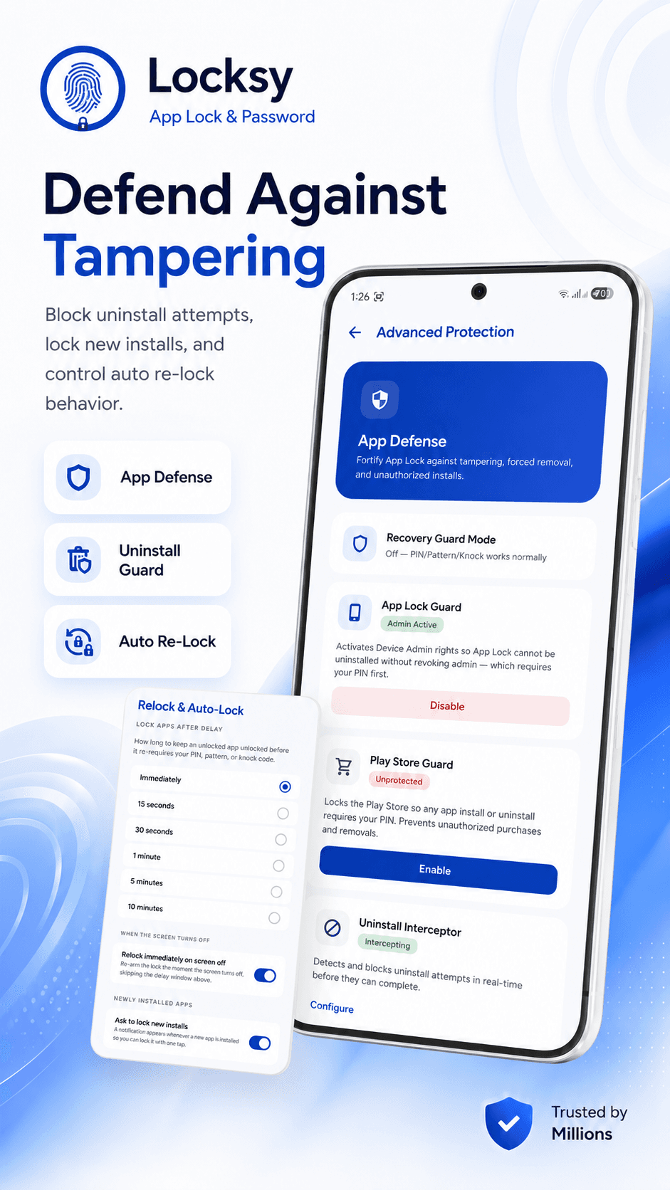 Advanced protection settings: App Defense, Uninstall Guard, Auto Re-Lock.