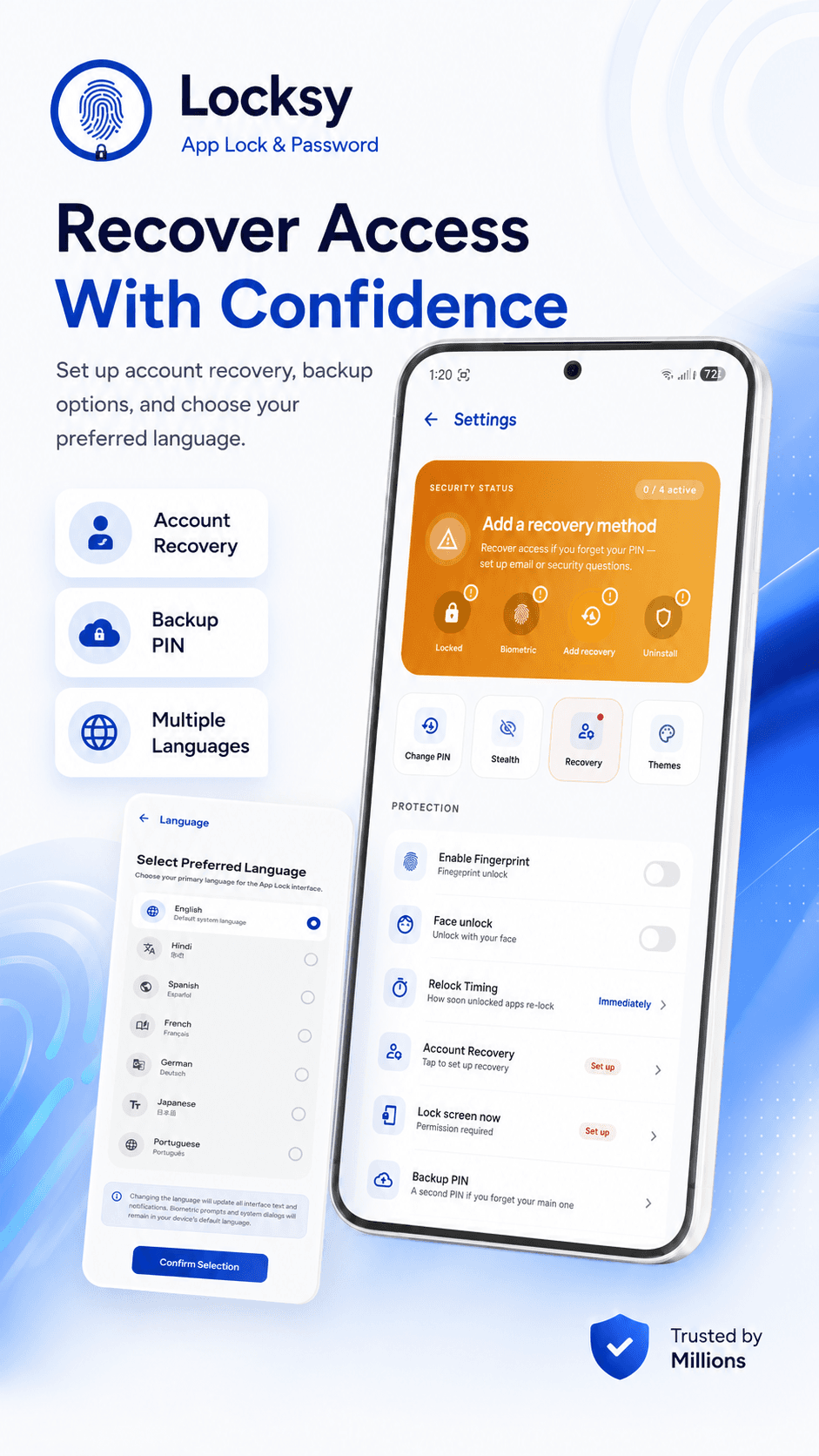 Recovery and language settings with backup options and account recovery.