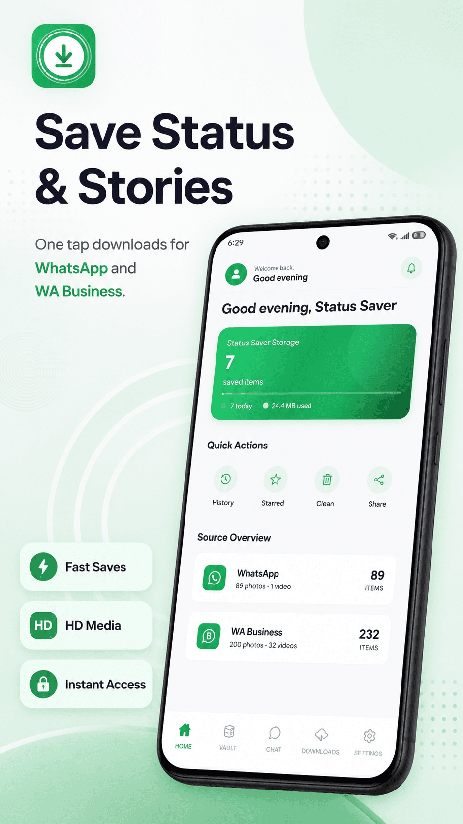 Status Saver & Story Download — save WhatsApp and WA Business statuses with one tap.