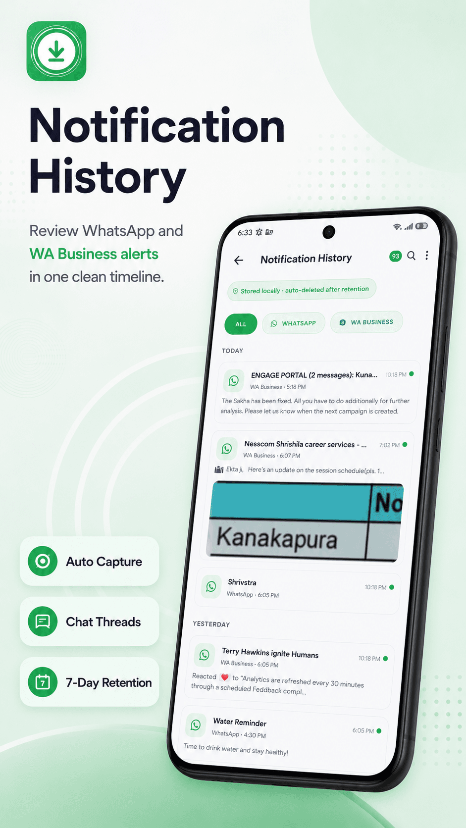 Notification History — review WhatsApp and WA Business alerts in one timeline.