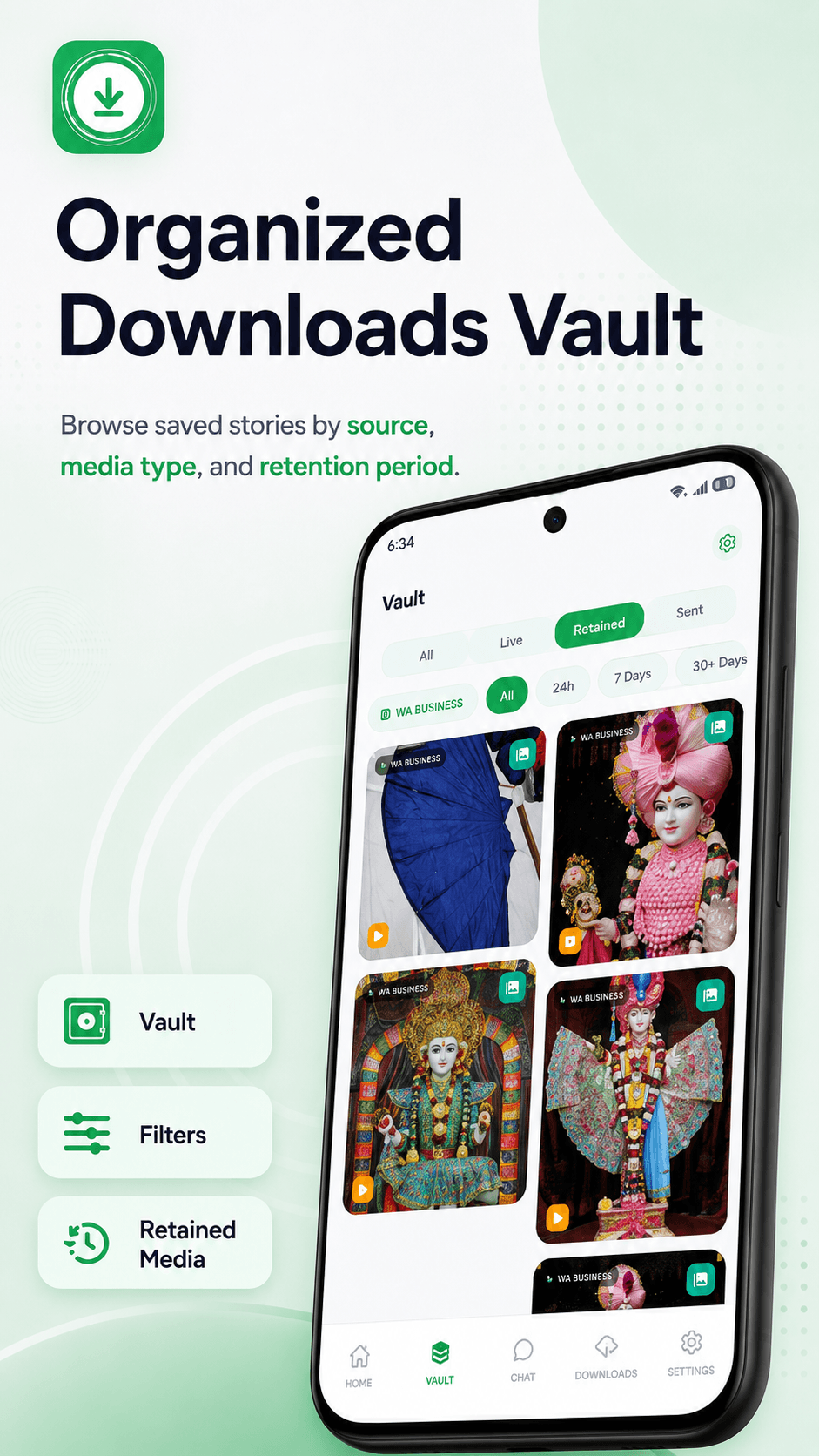 Organized Downloads Vault — browse saved media by source, type, and retention.