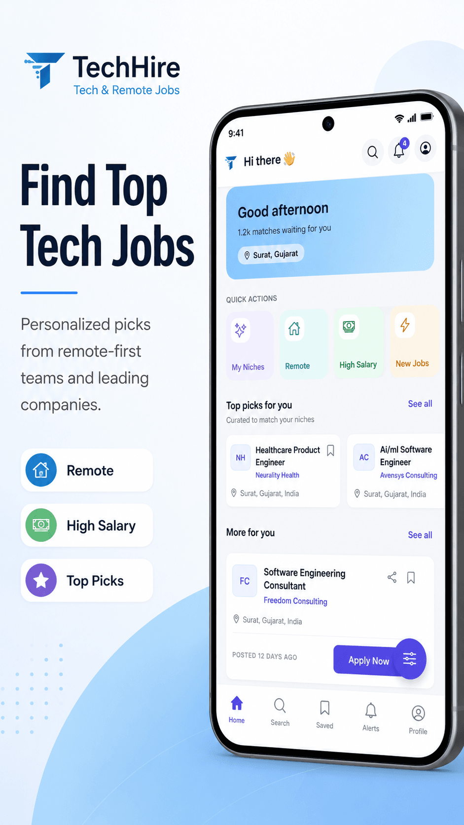 TechHire home screen with personalised tech job picks and remote/high-salary chips.