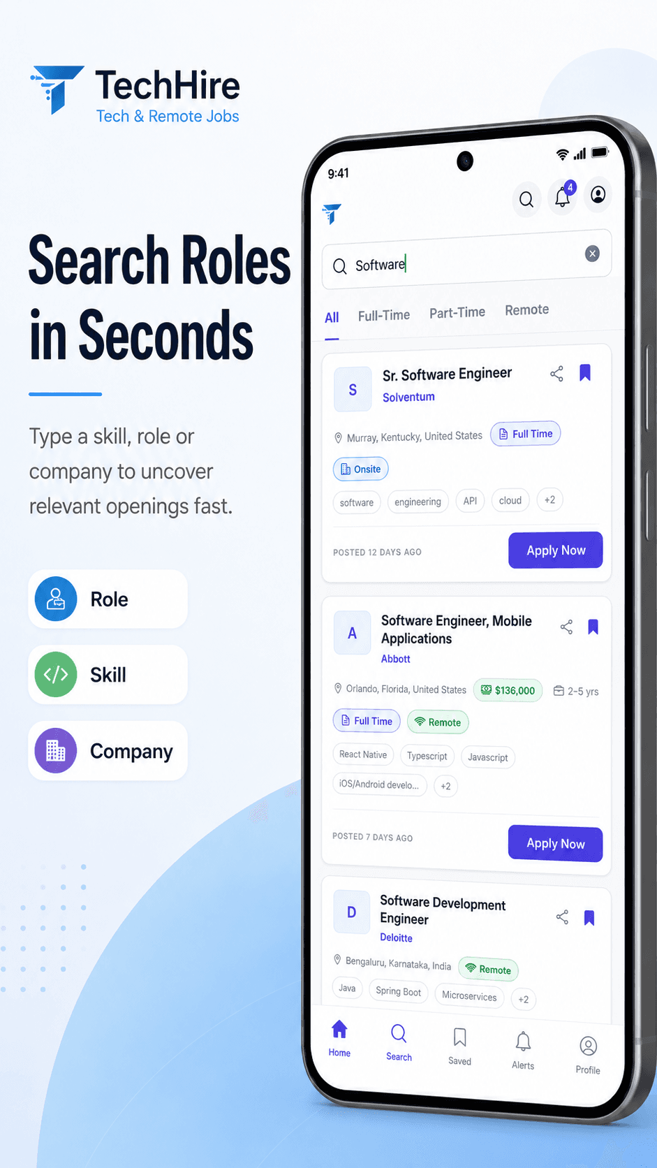 Search results with skill, role, and company filters for software roles.