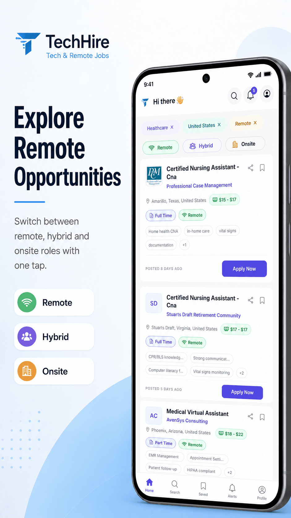 Browse view with Remote, Hybrid, and Onsite filters across United States listings.