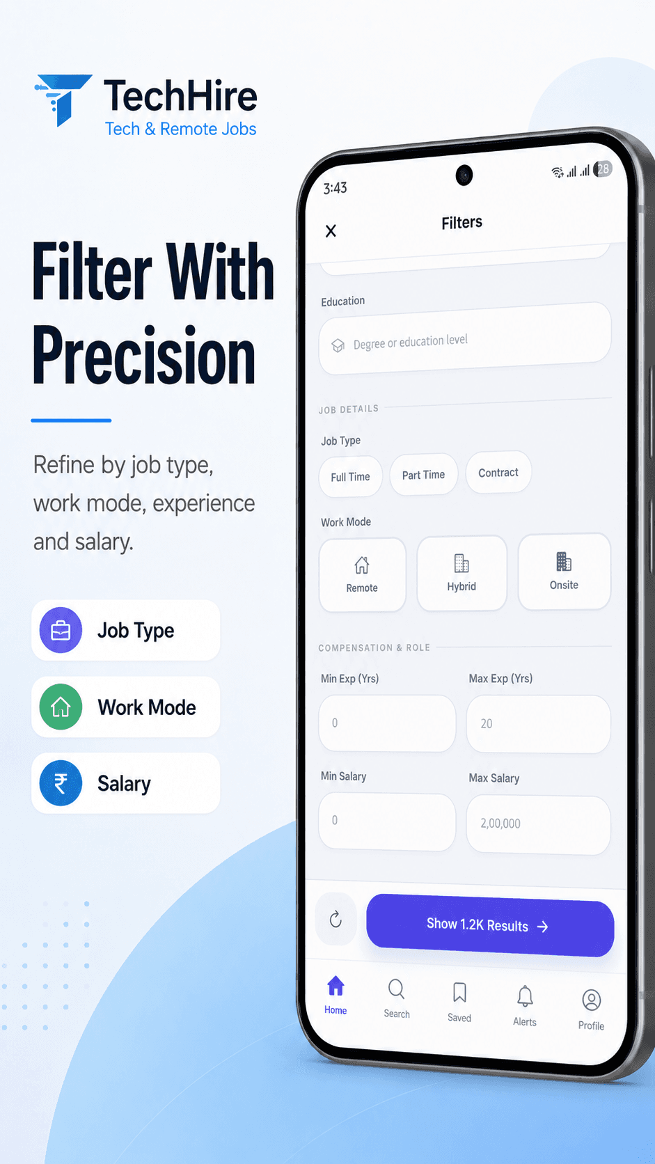 Filters panel with Job Type, Work Mode, and Salary refinements.