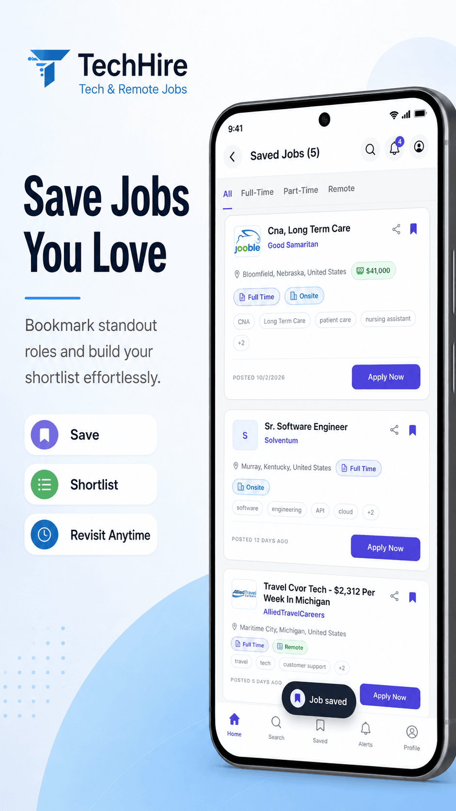 Saved Jobs list with full-time and remote bookmarks ready to revisit.