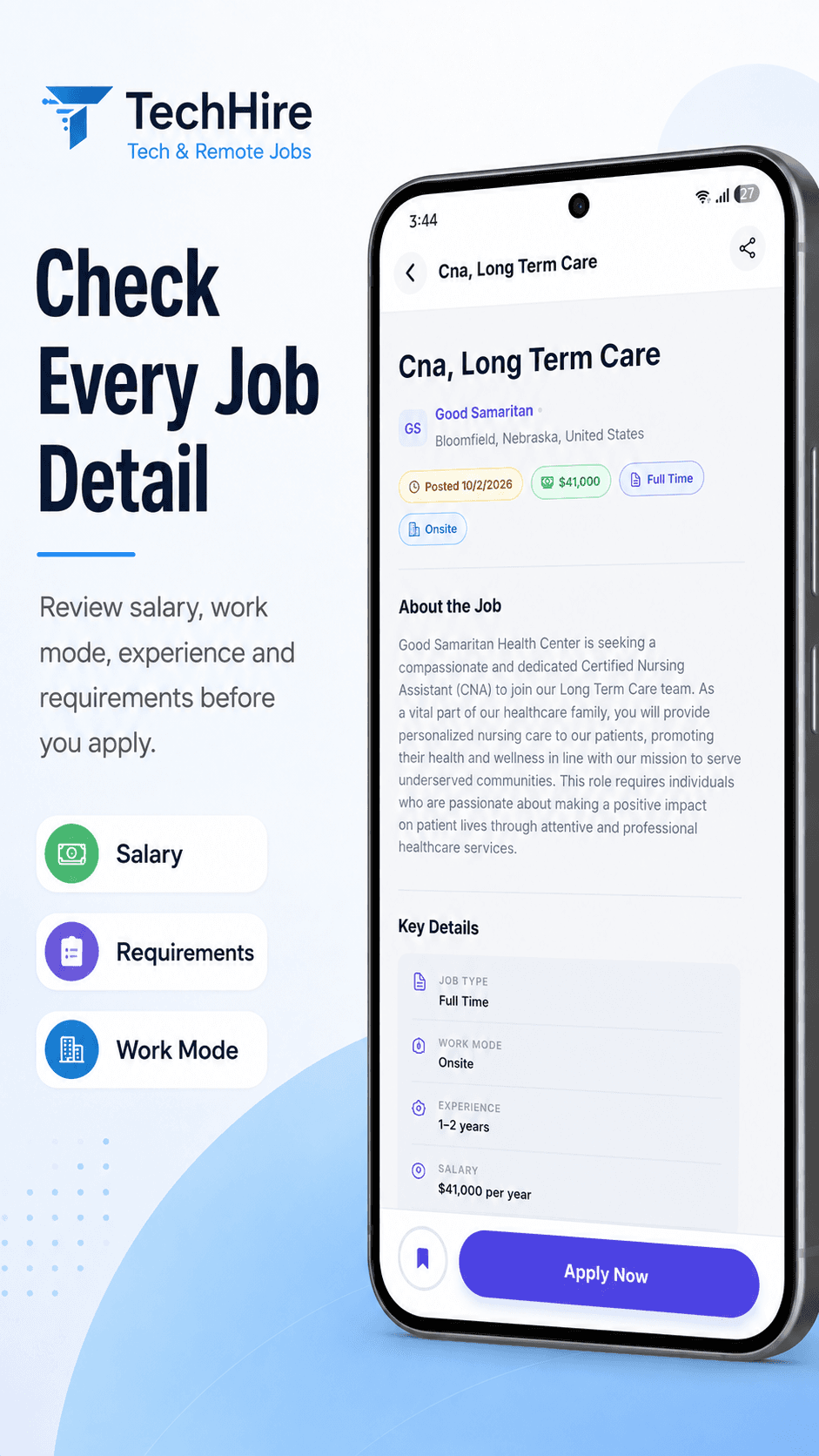 Job detail screen showing salary, requirements, and work mode for a CNA Long Term Care role.