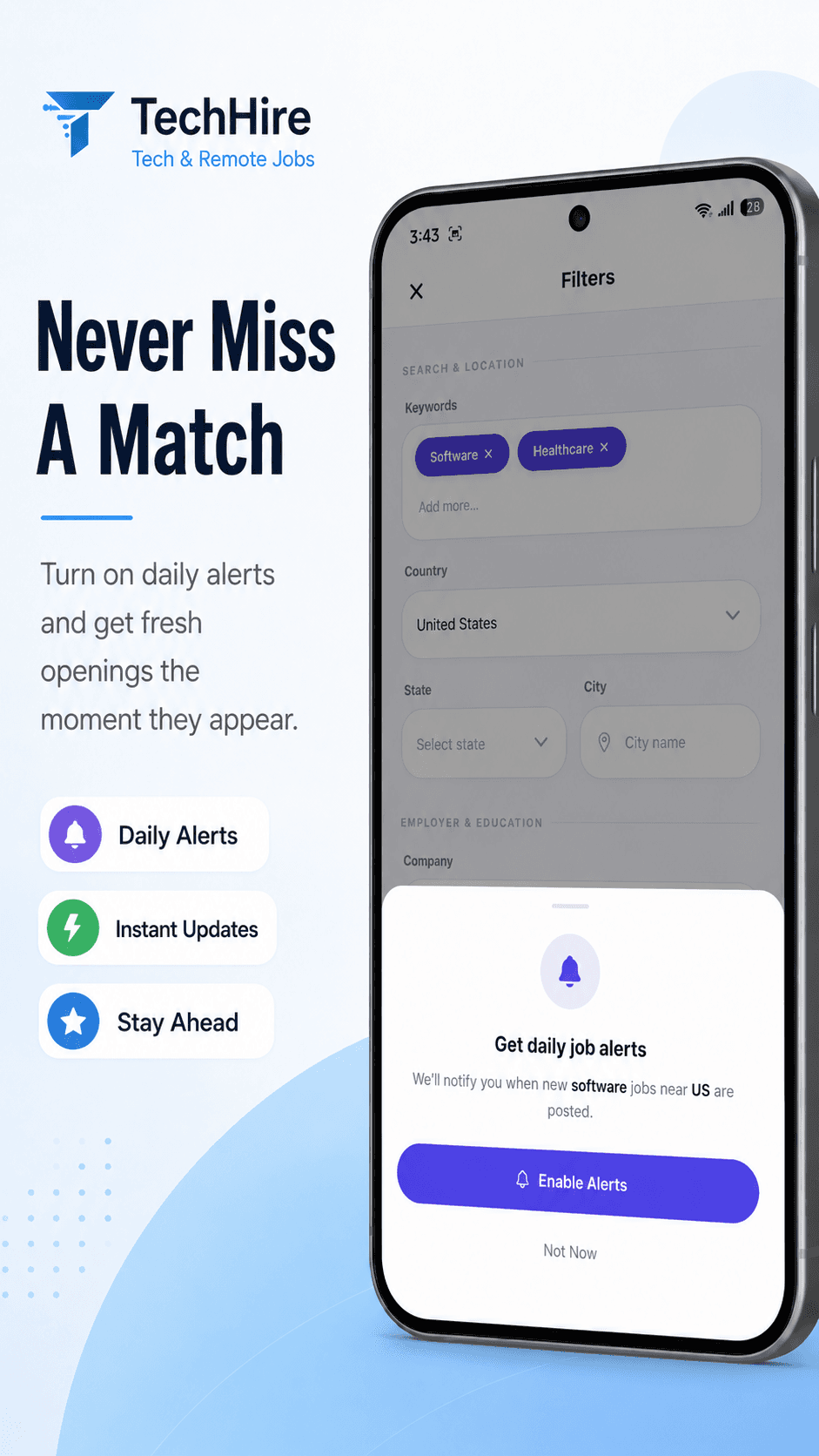 Daily alerts setup with country, skill, and instant updates toggles.