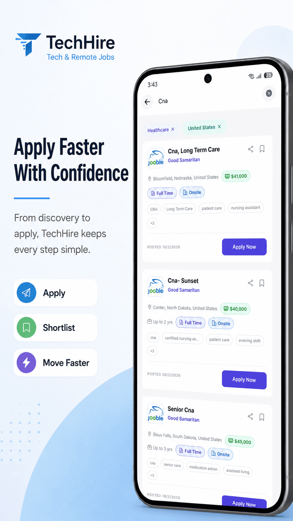 Apply Now actions across Healthcare and United States listings.