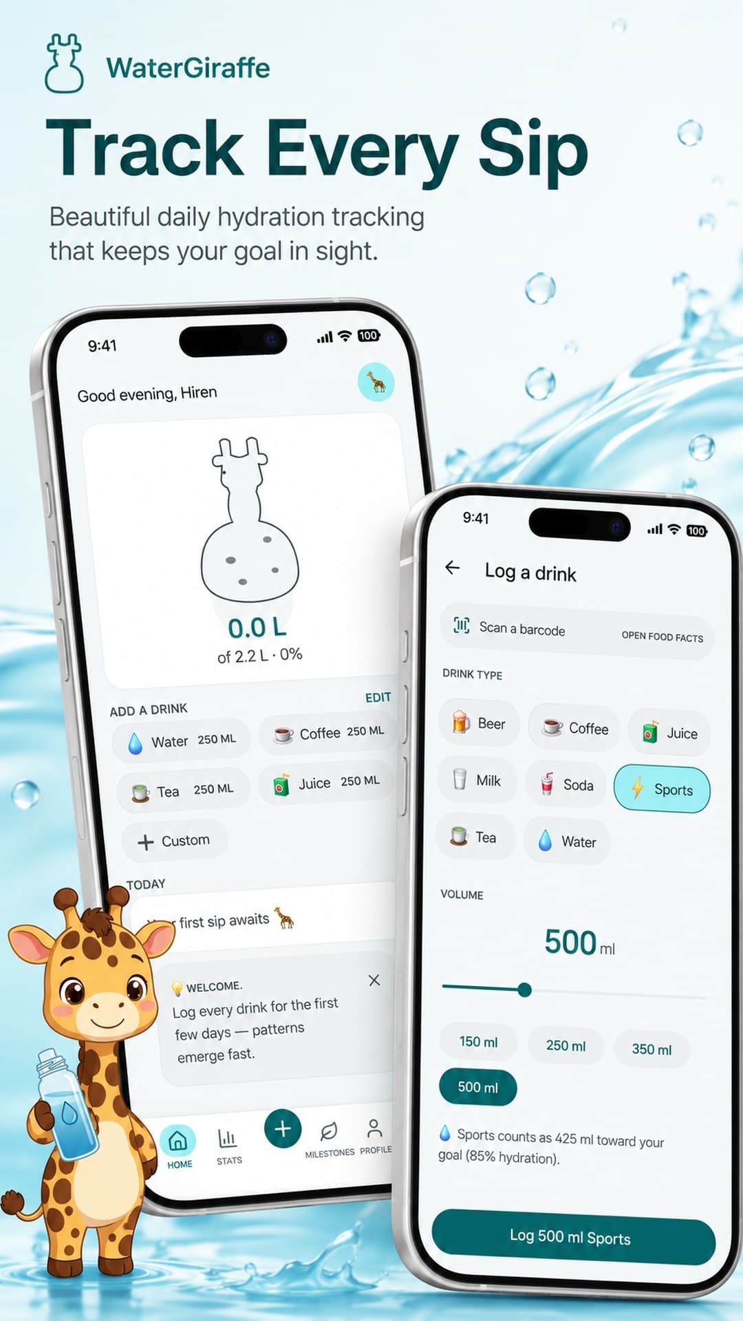 WaterGiraffe home screen showing the character vessel, daily total, and quick-add drinks.