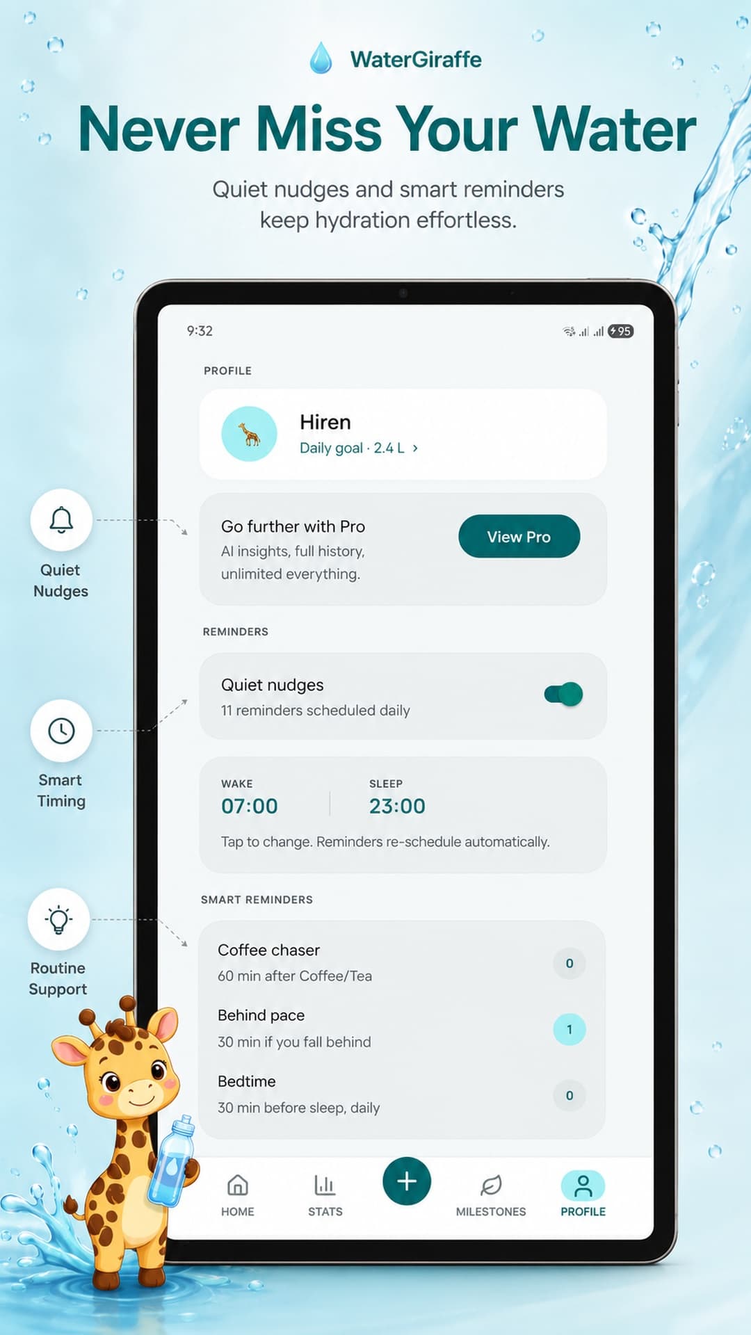 Profile screen with quiet nudges, smart timing, and contextual reminders.